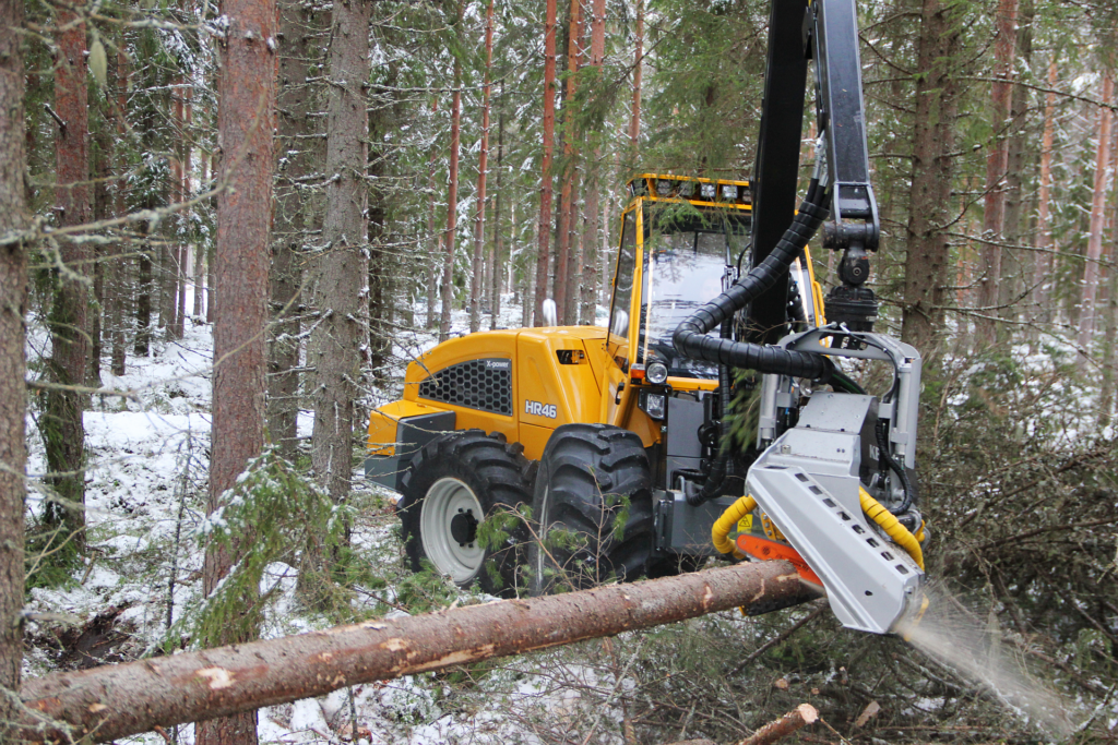 väike harvendusraie harvester tihedas metsas